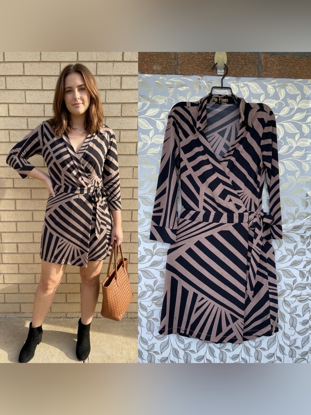 Pia Pauro Geometric Mod Wrap Romper Dress Tan Brown Black Art Deco Indie Core S